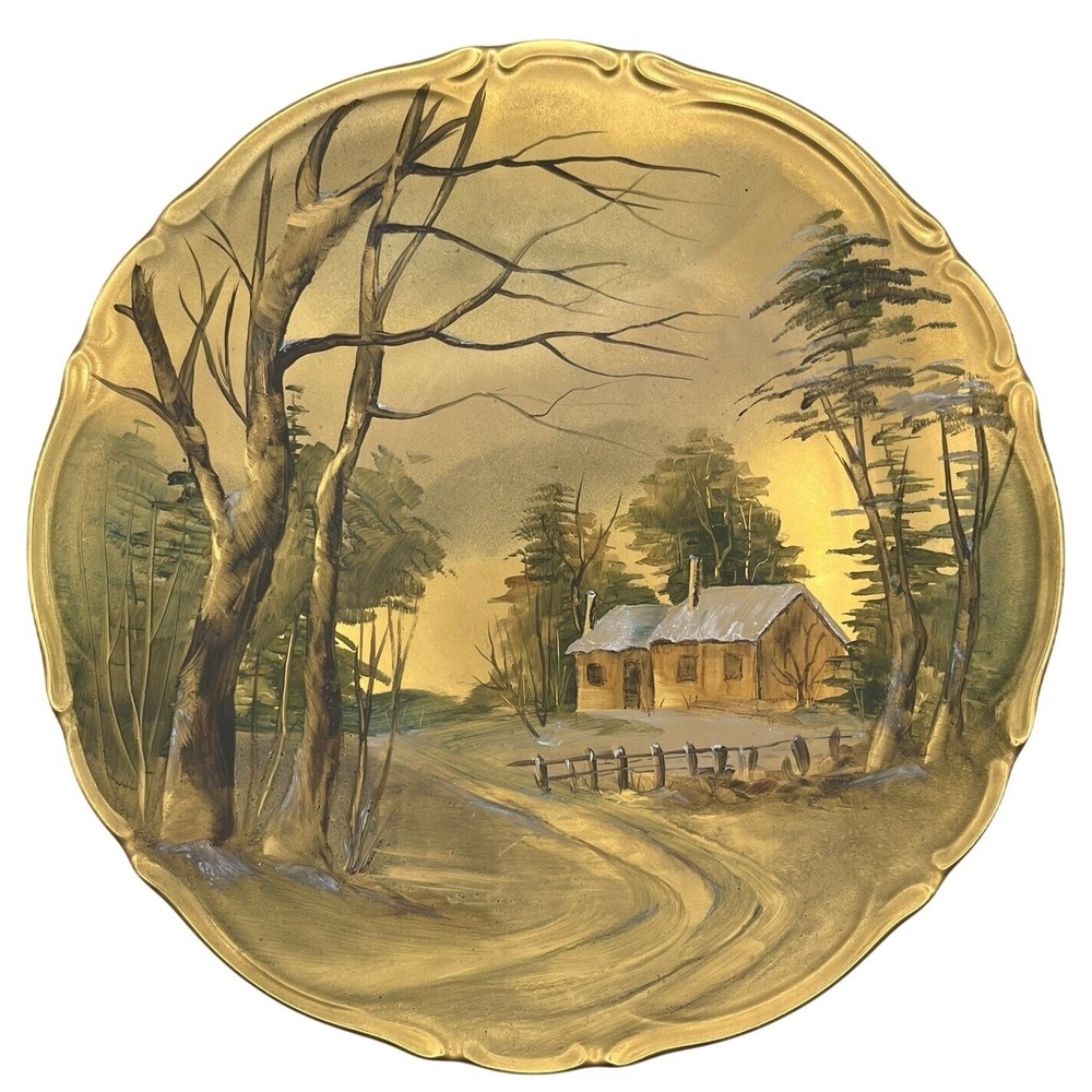 Joan Hamilton Hand Painted Decorative Plate Gold Winter Cabin Landscape 10.25in